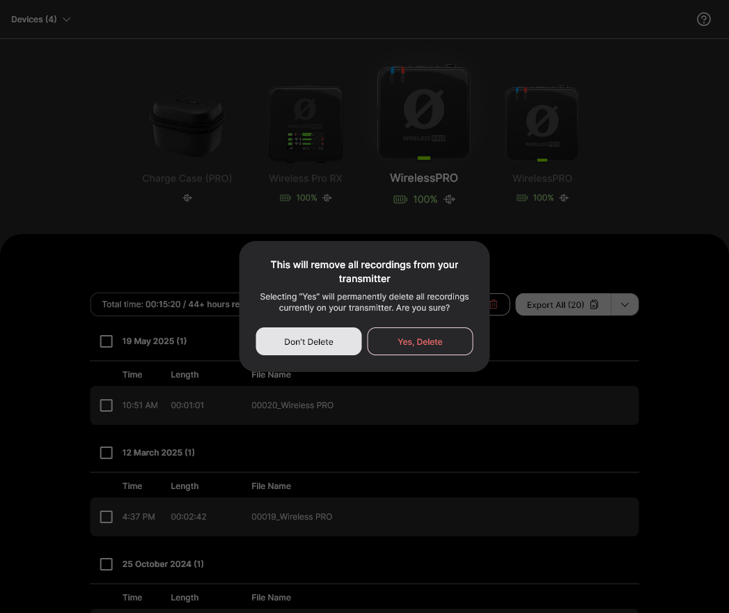 Wireless PRO delete recordings option in RØDE Central